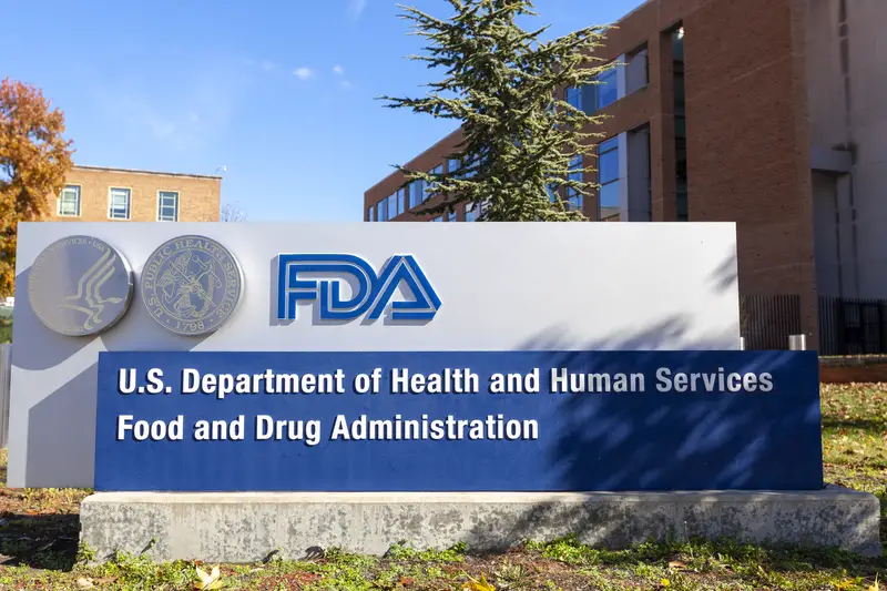 Exterior view of the headquarters of US Food and Drug Administration (FDA building and FDA sign)