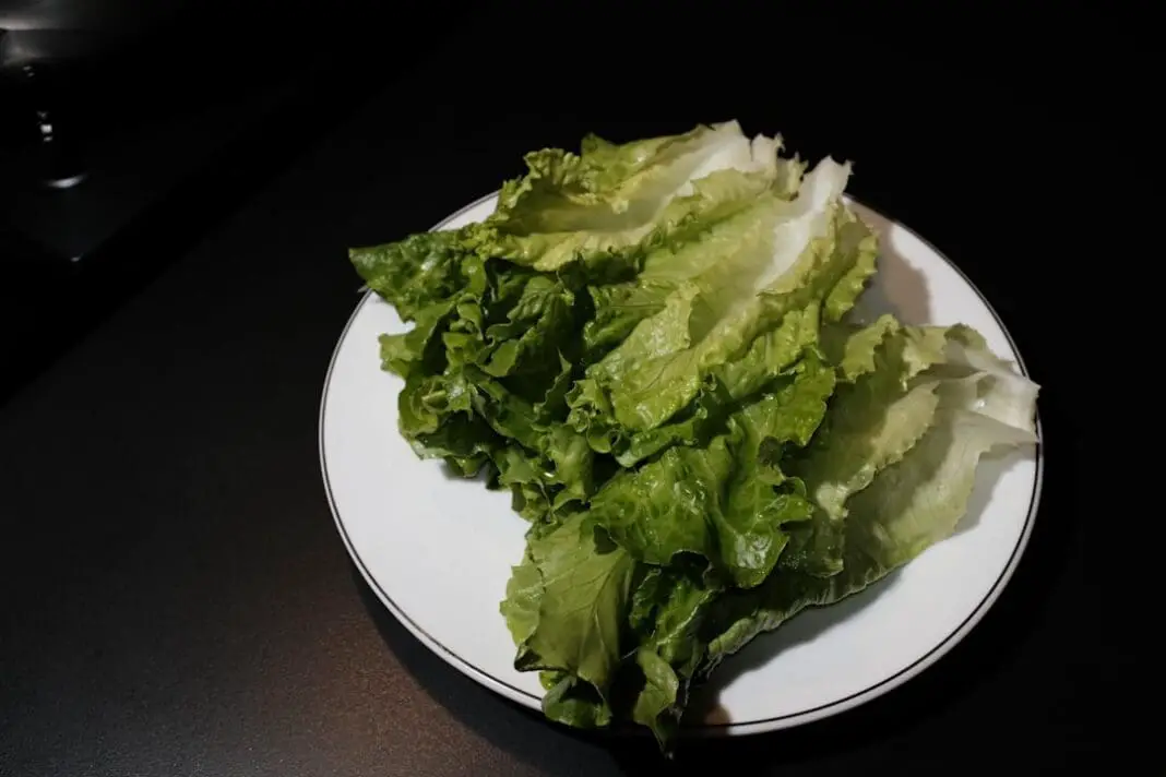 a white plate topped with lettuce on top of a table