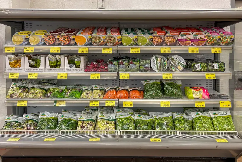 clean bagged vegetables and salads and soups of various types