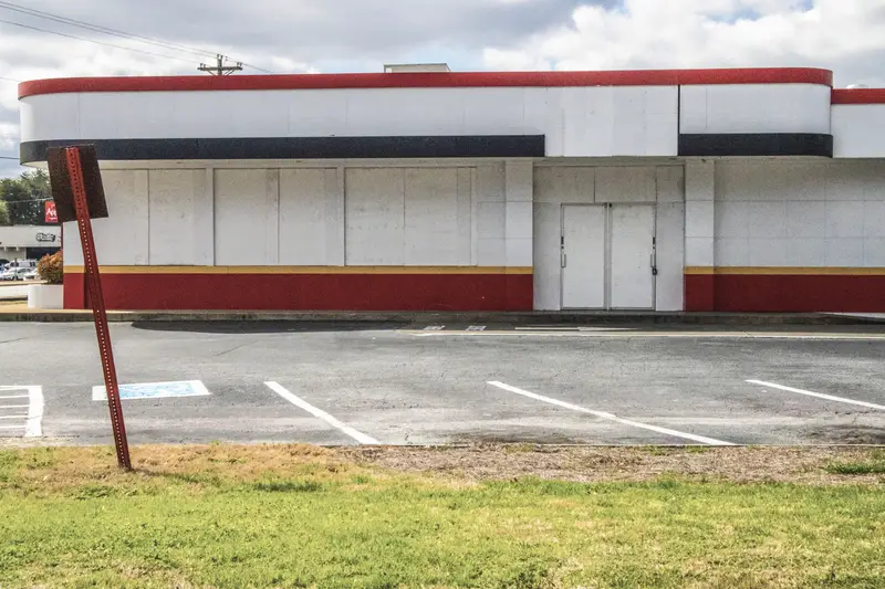 Closed Krystals burger restaurant side view Stone Mountain highway