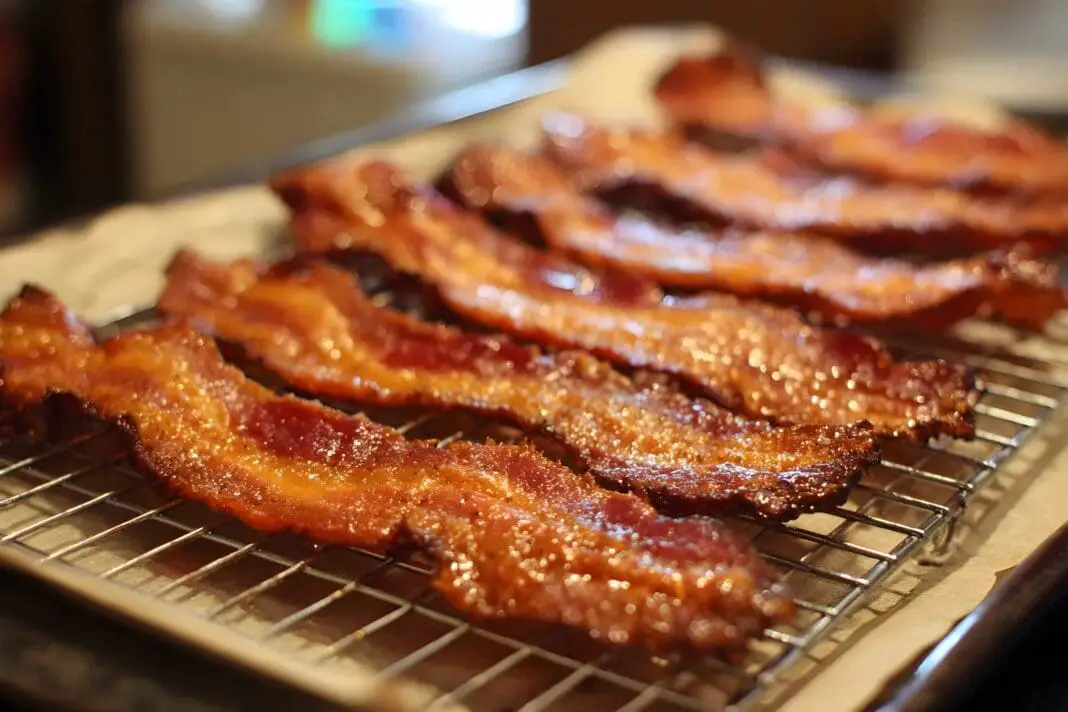 Crispy oven bacon, crisp, browned edges on a wire cooling rack, with parchment paper