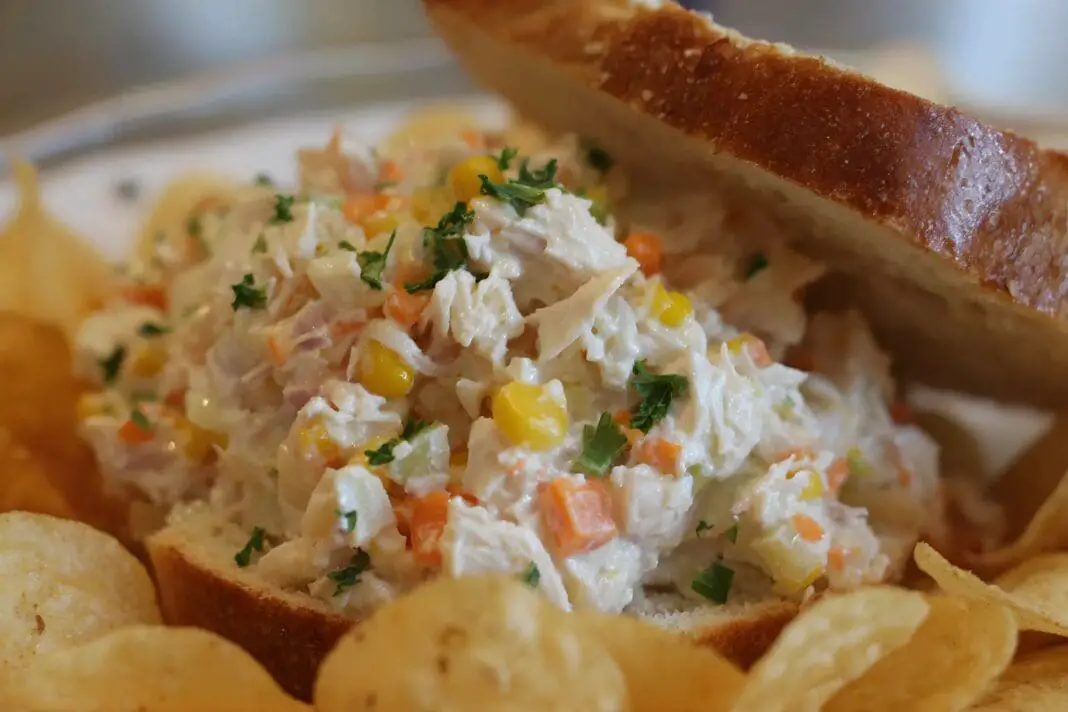 Jam and potato chip chicken salad sandwich, toasted and warm in a clear zip-top bag, with finely chopped onion, small carrot and corn kernels